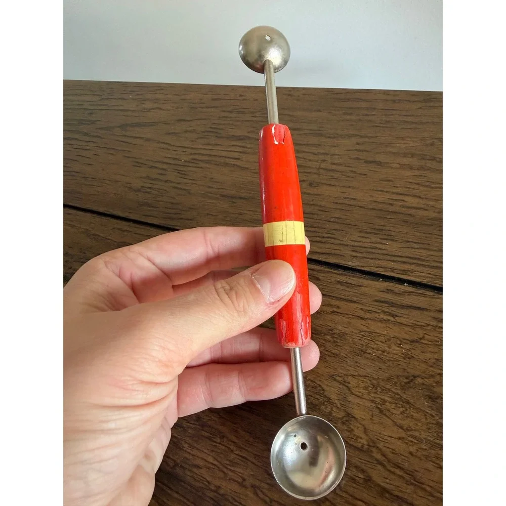 Vintage Double Sided Wood Handle Melon Baller Kitchen Tool Red